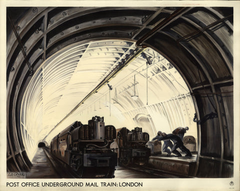 Poster depicting the London underground mail train