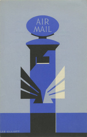 A blue air mail pillar box with wings logo